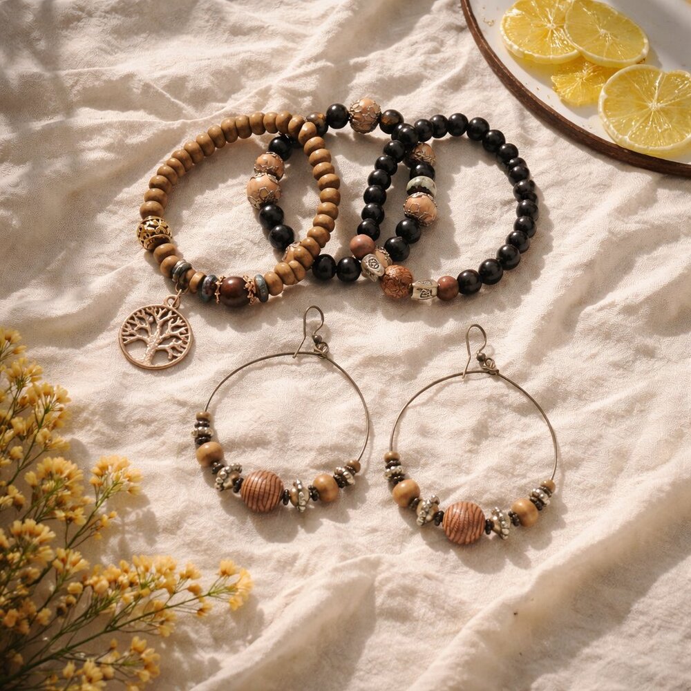 Bohemian Set of 3 Bracelets and a Set of Earrings in‎ Wire, Wood and Beads